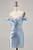 Gråblå Off The Shoulder Satin Rynkad Bodycon Homecoming Klänning med Slits