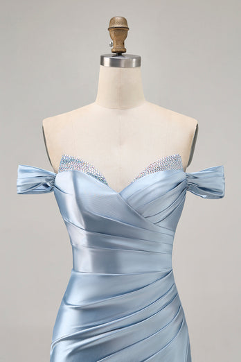Gråblå Off The Shoulder Satin Rynkad Bodycon Homecoming Klänning med Slits