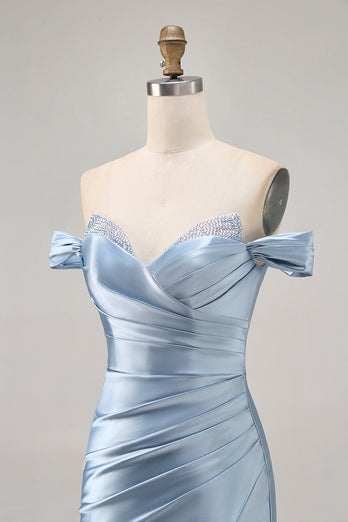 Gråblå Off The Shoulder Satin Rynkad Bodycon Homecoming Klänning med Slits