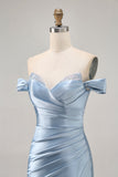 Gråblå Off The Shoulder Satin Rynkad Bodycon Homecoming Klänning med Slits