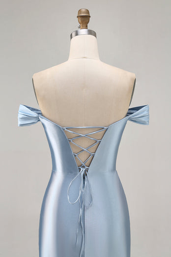 Gråblå Off The Shoulder Satin Rynkad Bodycon Homecoming Klänning med Slits