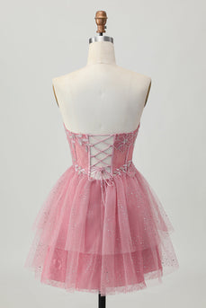 Dusty Rose A-linje Axelbandslös Tiered Tyll Kort Homecoming Klänning med Beading