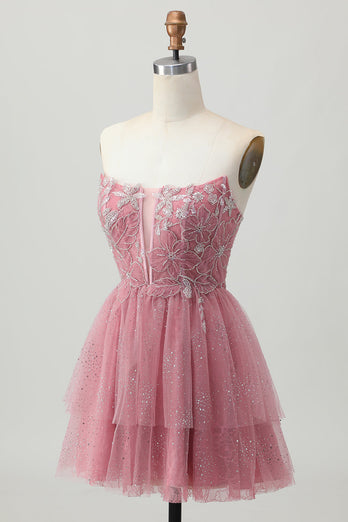 Dusty Rose A-linje Axelbandslös Tiered Tyll Kort Homecoming Klänning med Beading