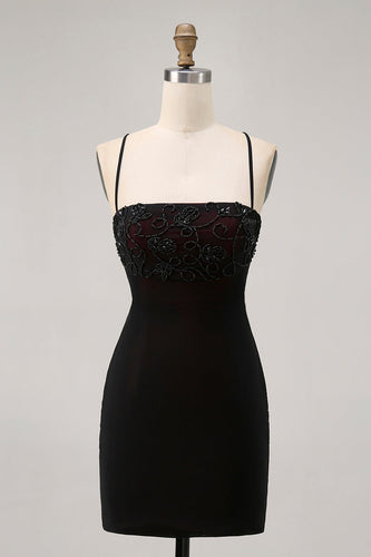 Svart Bodycon Spaghetti Straps Kort Homecoming Klänning med Beading