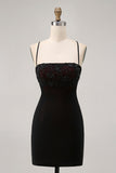 Svart Bodycon Spaghetti Straps Kort Homecoming Klänning med Beading