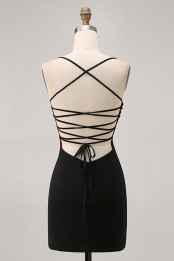Svart Bodycon Spaghetti Straps Kort Homecoming Klänning med Beading