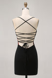Svart Bodycon Spaghetti Straps Kort Homecoming Klänning med Beading