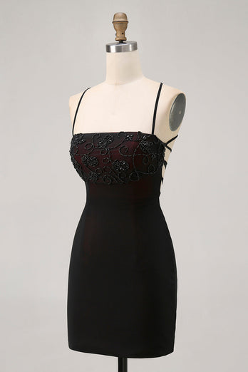 Svart Bodycon Spaghetti Straps Kort Homecoming Klänning med Beading