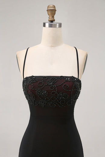 Svart Bodycon Spaghetti Straps Kort Homecoming Klänning med Beading