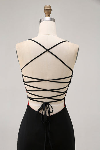 Svart Bodycon Spaghetti Straps Kort Homecoming Klänning med Beading