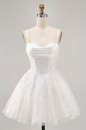 Vit A-linje Korsett Spaghetti Remmar Satin Homecoming Klänning med Appliques