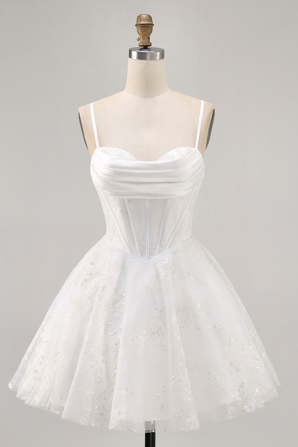 Vit A-linje Korsett Spaghetti Remmar Satin Homecoming Klänning med Appliques