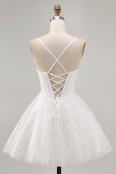 Vit A-linje Korsett Spaghetti Remmar Satin Homecoming Klänning med Appliques