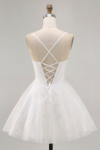 Vit A-linje Korsett Spaghetti Remmar Satin Homecoming Klänning med Appliques