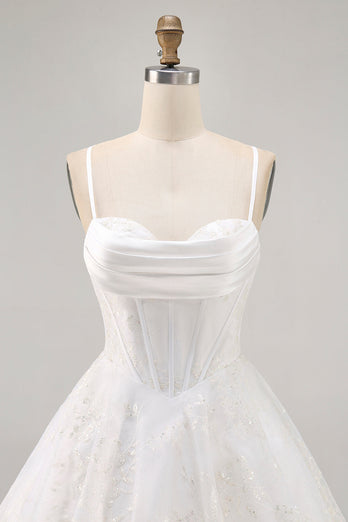 Vit A-linje Korsett Spaghetti Remmar Satin Homecoming Klänning med Appliques