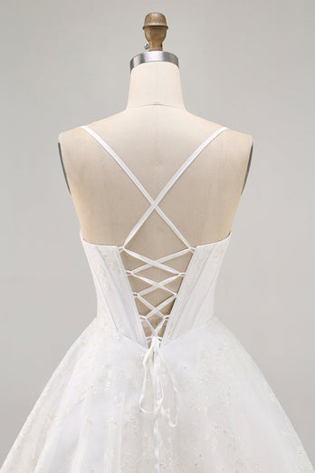 Vit A-linje Korsett Spaghetti Remmar Satin Homecoming Klänning med Appliques