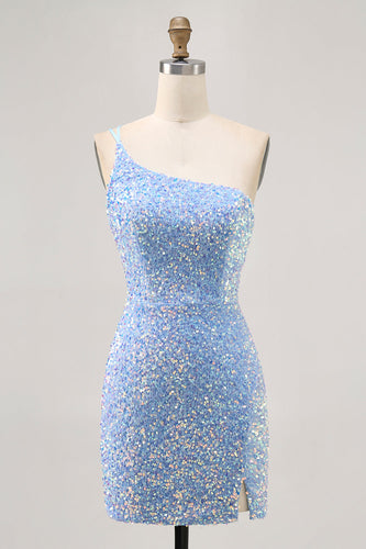 Glittrande blå One Shoulder Kort Homecoming Klänning med slits