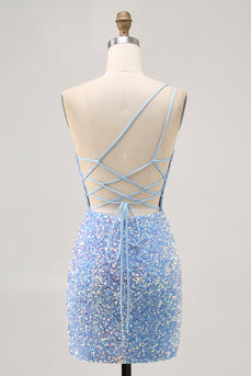 Glittrande blå One Shoulder Kort Homecoming Klänning med slits