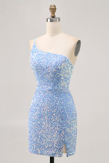 Glittrande blå One Shoulder Kort Homecoming Klänning med slits