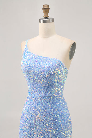 Glittrande blå One Shoulder Kort Homecoming Klänning med slits