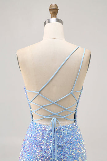 Glittrande blå One Shoulder Kort Homecoming Klänning med slits