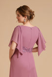 Dusty Rose A Line Flutter Ärm Chiffong Bröllop Gäst Klänning med Appliques
