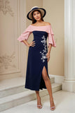 Off the Shoulder Navy Slida applicerad Midi Bröllop Gäst Klänning Med Slits