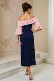 Off the Shoulder Navy Slida applicerad Midi Bröllop Gäst Klänning Med Slits