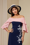 Off the Shoulder Navy Slida applicerad Midi Bröllop Gäst Klänning Med Slits