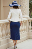Marinblå Slida 2 Piece Stretch Satin Bröllop Gäst Klänning