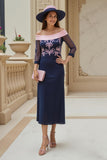 Off the Shoulder Chiffong Slida Marinblå Bröllop Gäst Klänning