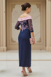 Off the Shoulder Chiffong Slida Marinblå Bröllop Gäst Klänning
