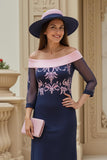 Off the Shoulder Chiffong Slida Marinblå Bröllop Gäst Klänning
