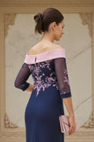 Off the Shoulder Chiffong Slida Marinblå Bröllop Gäst Klänning