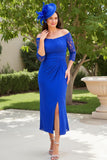 Royal Blue Spets Off The Shoulder Rynkad Slida Bröllop Gäst Klänning
