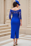 Royal Blue Spets Off The Shoulder Rynkad Slida Bröllop Gäst Klänning