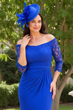 Royal Blue Spets Off The Shoulder Rynkad Slida Bröllop Gäst Klänning