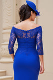 Royal Blue Spets Off The Shoulder Rynkad Slida Bröllop Gäst Klänning