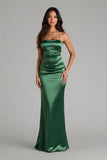 Mörkgrön Spaghetti Straps Satin Mermaid Lång Brudtärna Klänning