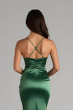 Mörkgrön Spaghetti Straps Satin Mermaid Lång Brudtärna Klänning