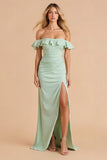 Ljusgrön Fodral Off The Shoulder Maxi Bridesmaid Klänning Med Volanger