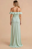 Ljusgrön Fodral Off The Shoulder Maxi Bridesmaid Klänning Med Volanger