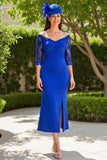Off the Shoulder Slida Midi Royal Blue Klänning till brudens mor med spets