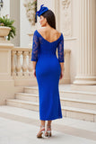 Off the Shoulder Slida Midi Royal Blue Klänning till brudens mor med spets