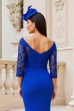 Off the Shoulder Slida Midi Royal Blue Klänning till brudens mor med spets