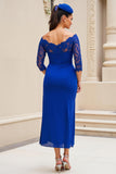 Royal Blue Off the Shoulder 3/4 ärm Klänning för brudens mor med spets