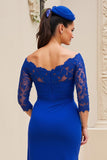 Royal Blue Off the Shoulder 3/4 ärm Klänning för brudens mor med spets