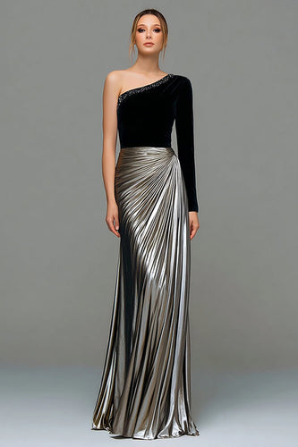 Svart och grå A-linje Ena Axeln Metallic Satin Formell Klänning
