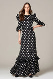Svart och vit A-linje Chiffong Polka Dots Klänning med volanger