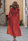 Röd och vit Chiffong V-ringad A-linje Långärmad Polka Dots Klänning